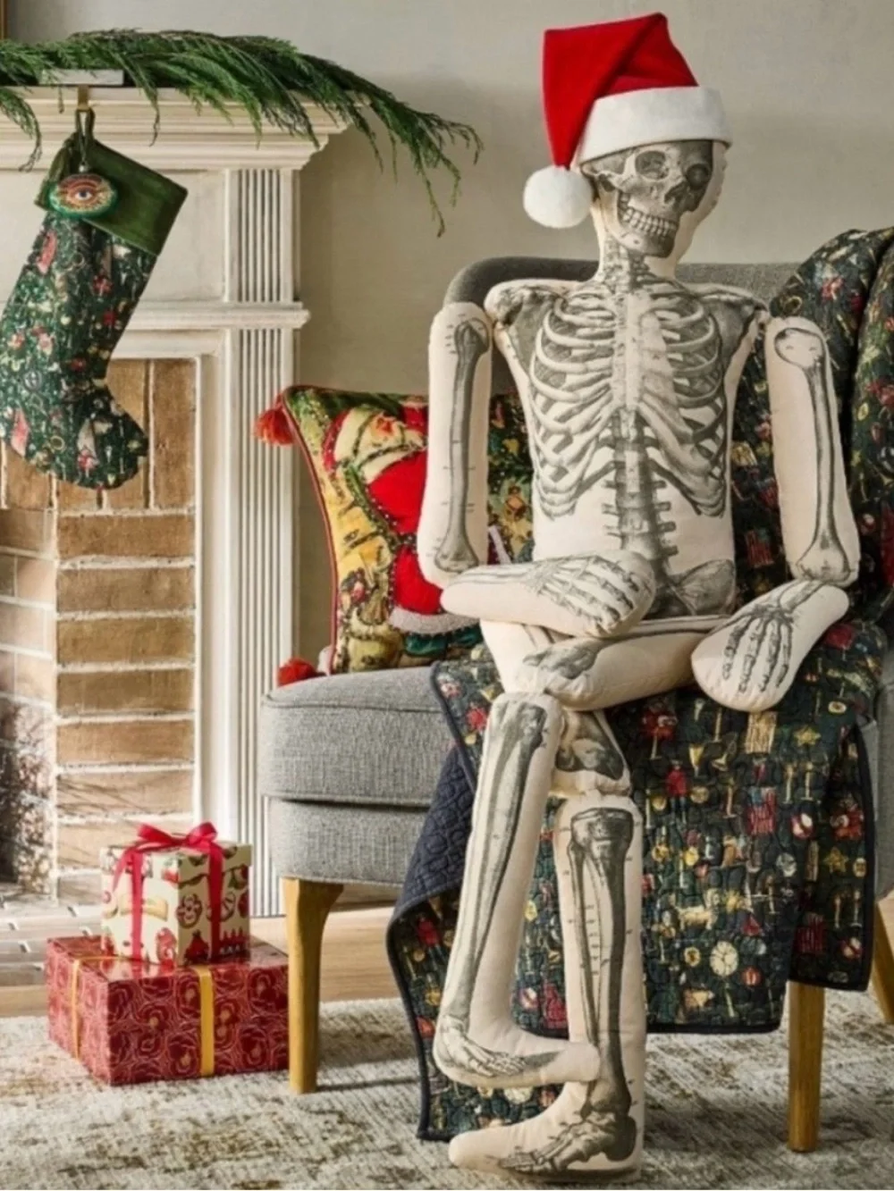 Brand New John Derian Plush Skeleton Pillow with Santa Hat - Cream & Red